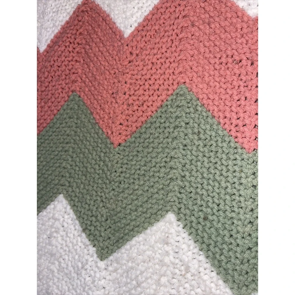 Vintage Crochet Afghan Blanket Zig Zag Chevron Pink Sage Green 61 x 57 In